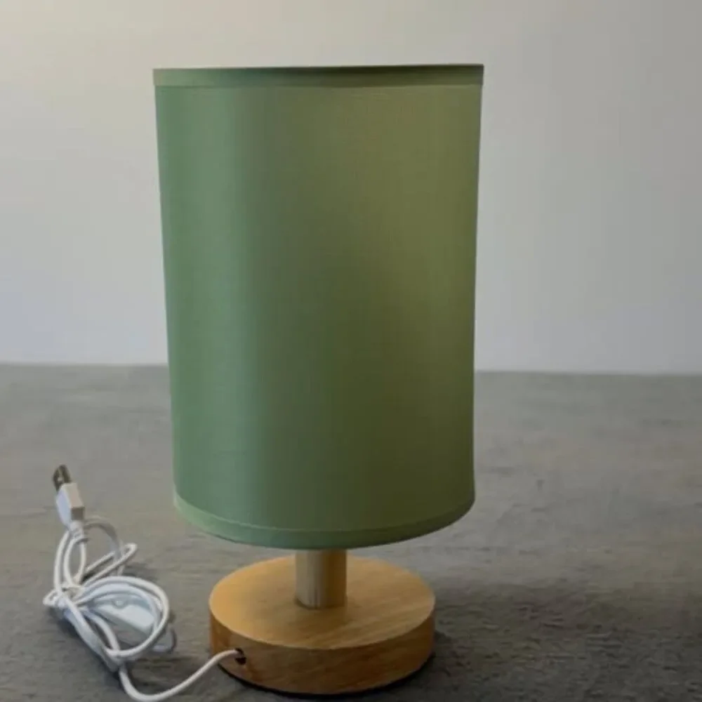 Two Green Shade Wood Base Table Lamp
